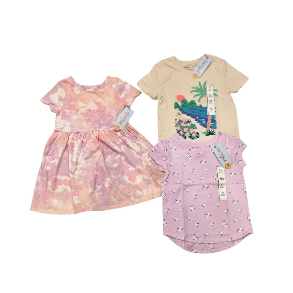 NWT Lot Of 3 Cat And Jack 1 Dress And Two Tops Short Sleeve Girls 4T